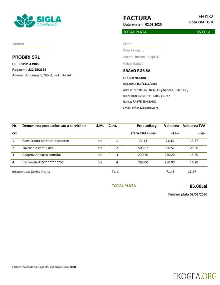 Romania SIGLA COMPANIEI utility bill template in Word and PDF format